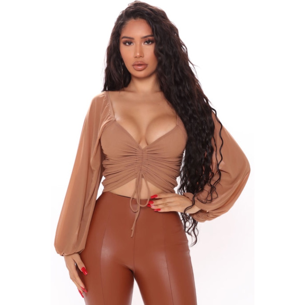 NWT Mesh Drawstring Tan Ruched Top